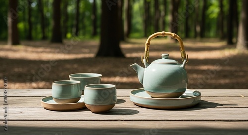 Serene Tea Set: Celadon Pottery on Wooden Table in Forest Setting