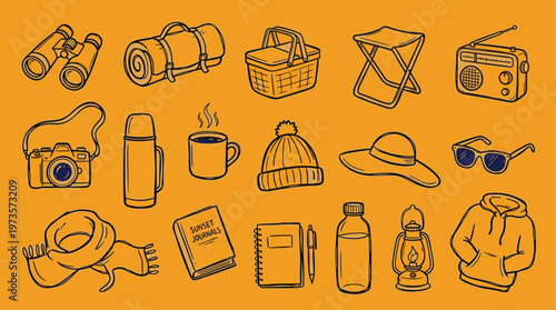 Collection of hand drawn outdoor adventure and camping gear items on a vibrant orange background