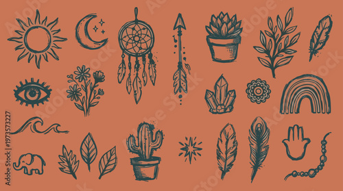 Bohemian Hand Drawn Elements Sun Moon Dreamcatcher Arrow Cactus Crystals Rainbow Elephant Feathers Eye Waves and Floral Motifs