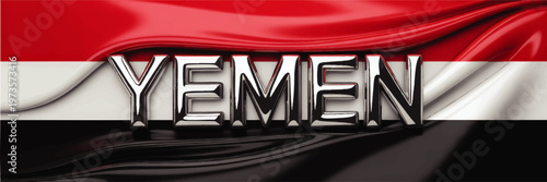 Yemen flag with chrome metal text, patriotic 3D typography on glossy red transparent Black national banner background, horizontal design