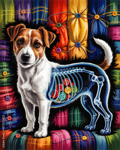 Colorful Jack Russell terrier x ray illustration with glowing skeleton and buttons on vibrant patchwork fabric background