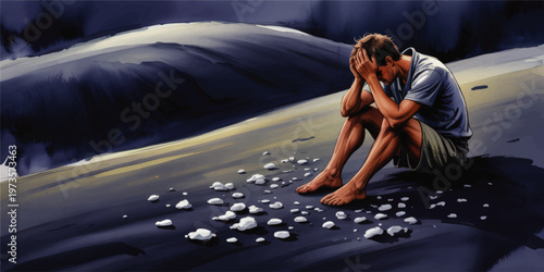 Lonely sad man sitting on dark road at night, depressed person holding head in hands, emotional anxiety stress illustration, mental health concept