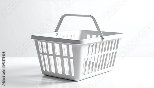 A digitally rendered, pristine white shopping basket against a bright, neutral background. Its rectangular form has open sides and a sturdy handle