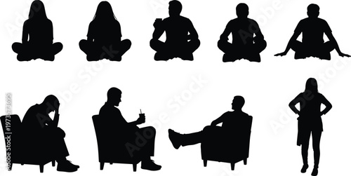 Large collection of professional weightlifter silhouettes featuring men and women performing deadlifts squats and overhead presses with barbells isolated on white background