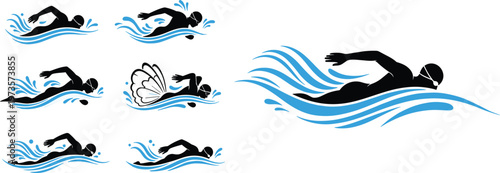 Swimming Stroke Collection with Various Swimming Styles and Techniques for Sports, Fitness, and Water Sports Illustrations