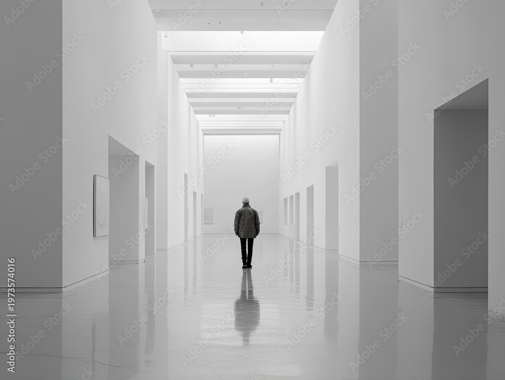 Fototapeta premium A lone person walks away down a long, white, minimalist corridor with reflective floors