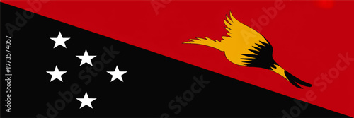 Papua New Guinea national flag with bird of paradise and Southern Cross stars on red and black diagonal background, patriotic banner