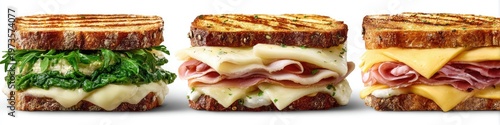 Three Delicious Sandwiches Arranged Side-by-Side on a White Background.