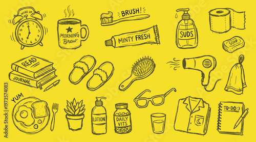 Morning routine essentials doodle illustration with alarm clock coffee toothbrush hair dryer and breakfast laid out on a yellow background