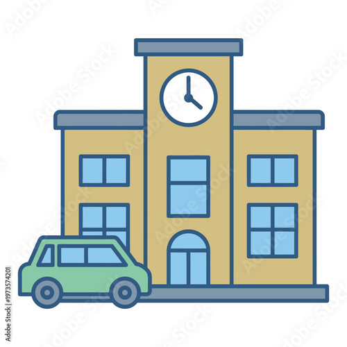 Education app icon, school building with car, vector design, student transport, campus access, school workflow, digital learning and app interface concept.