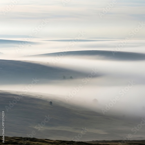 Foggy hills landscape with rolling hills.