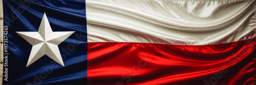 Waving Texas state flag close up with lone star, detailed patriotic red blue fabric texture for background or celebration design