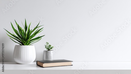 Minimalist Home Decor With Potted Plants and Book on Shelf.