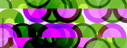 Abstract pattern features overlapping circles. Colors include shades green, purple, pink creating dynamic visual texture.