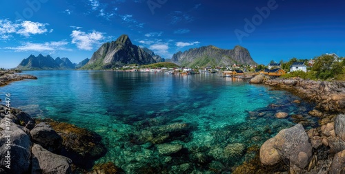 Stunning Panoramic View of a Norwegian Fjord with Crystal Clear Turquoise Water and Majestic Mountains.