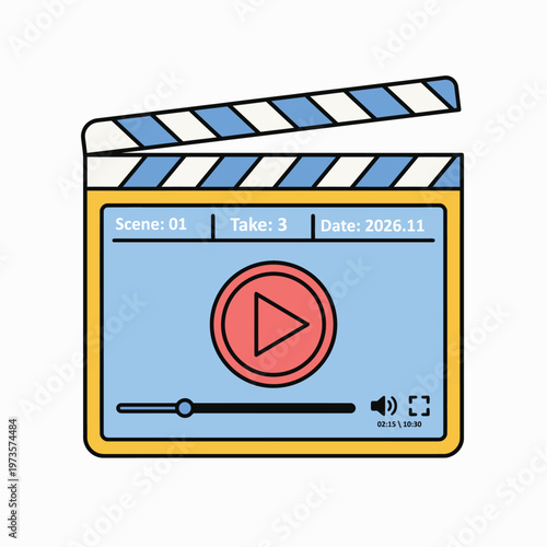 A filmmaker holds a colorful video clapperboard with a play button on screen.