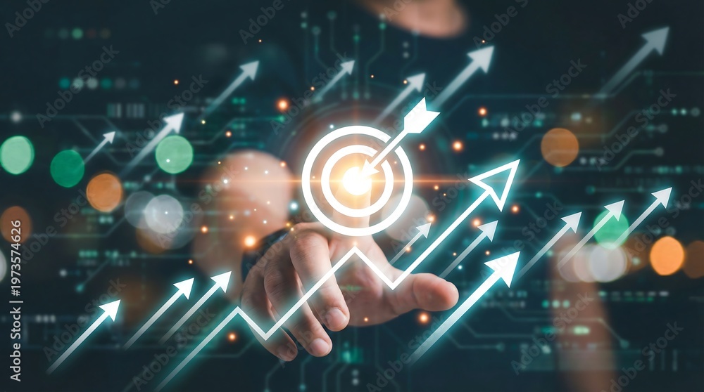 Fototapeta premium A hand points at a glowing target symbol, surrounded by upward-shooting arrows, representing business growth, success, and strategic goals.