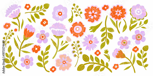 Colorful floral illustration featuring various whimsical blooms and leafy stems