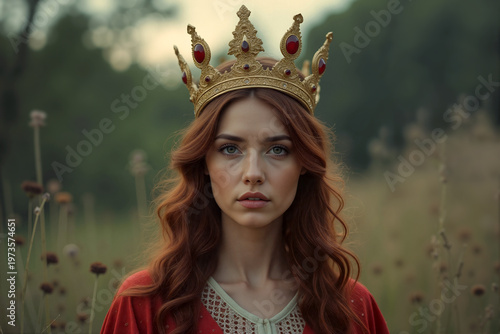 Regal woman with long red hair wearing ornate golden crown in meadow field creating fantasy portrait with royal elegance. Generative AI.