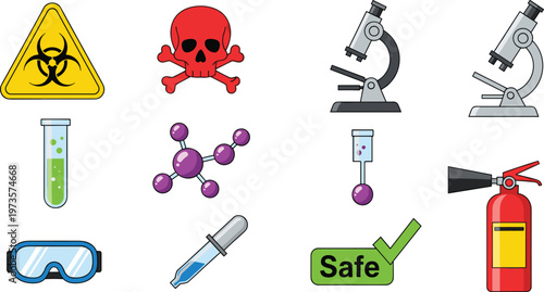 Laboratory Safety and Chemical Hazard Icon Set Featuring Microscope, Hazard Symbols, Test Tubes, and Fire Extinguisher in Vector Style