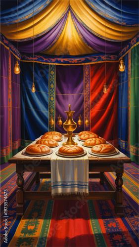 Colorful tent interior with ceremonial bread table, golden lampstand and hanging lights, vibrant biblical tabernacle illustration