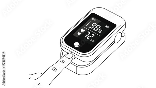 Line art illustration of a finger pulse oximeter displaying blood oxygen saturation and heart rate, a medical device for health monitoring.
