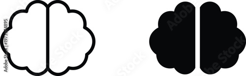 Minimalist brain icons in outline and silhouette styles, human brain vector symbols for mental health and psychology, black and white brain anatomy graphics