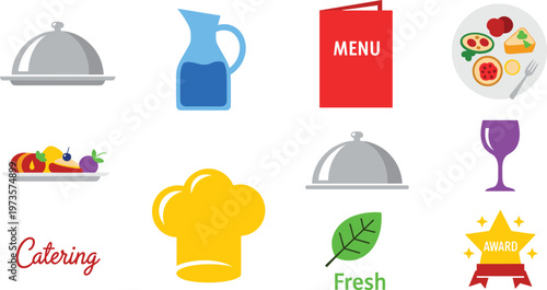Catering and Food Service Icon Set Featuring Plates, Menu, Chef Hat, Fresh Ingredients, and Award in Vector Style