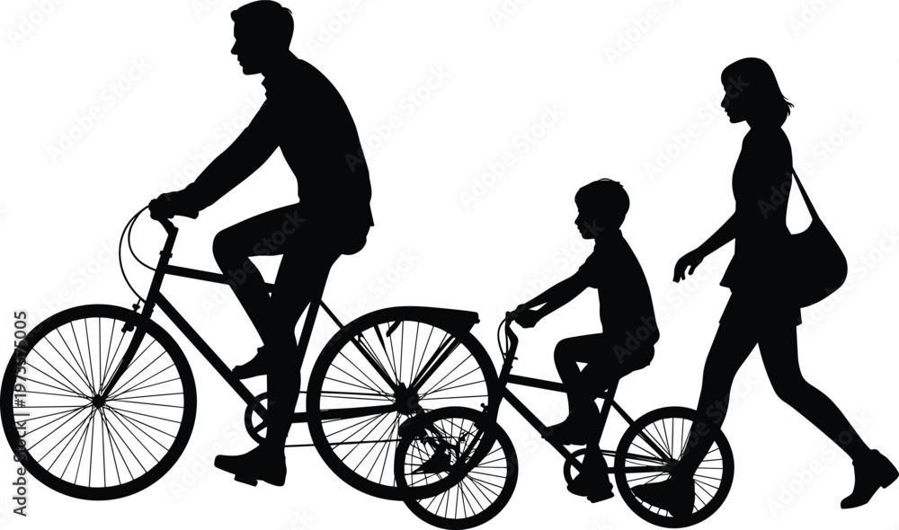 Obraz premium Family silhouettes, bicycle ride, child cycling, adult walking, outdoor activity, companionship scene, everyday lifestyle, monochrome illustration, motion design, recreational outing