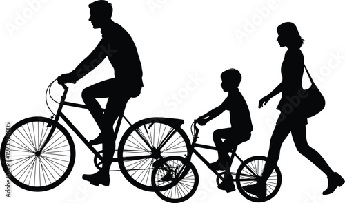 Family silhouettes, bicycle ride, child cycling, adult walking, outdoor activity, companionship scene, everyday lifestyle, monochrome illustration, motion design, recreational outing