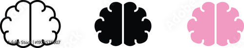 Human brain icon set in flat vector style, anatomical mind symbols for psychology and neurology, black and pink brain silhouettes for medical design
