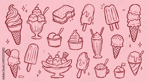 Hand drawn illustration of various ice cream desserts and treats on a pink background, perfect for summer themes and sweet cravings