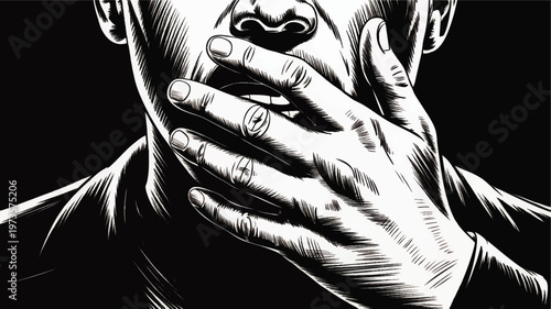 Emotional man covering mouth with hand, expressive stress and anxiety concept, dramatic black graphic illustration with strong contrast