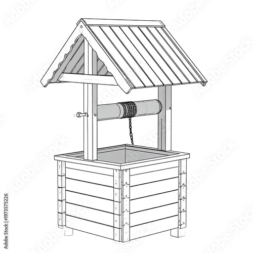 Line drawing of a simple wooden wishing well with a roof and crank