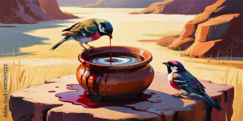 Surreal colorful birds drinking crimson liquid from clay bowl on rock by river canyon at sunset, fantasy nature illustration