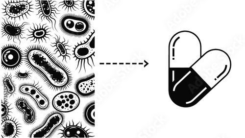 Microscopic bacteria and germs causing infection being targeted and treated by medical capsules and antibiotic pills for healthcare and disease prevention.