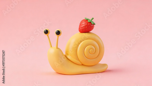 Yellow snail with strawberry on pink background