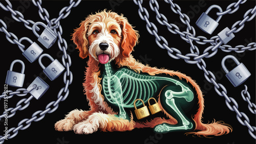 Veterinary concept illustration of dog x ray skeleton with padlocks and chains on black background symbolizing pet health security