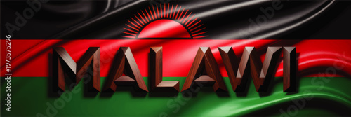 Malawi flag illustration with wooden 3D text, sun emblem and waving red green black banner for African nation design