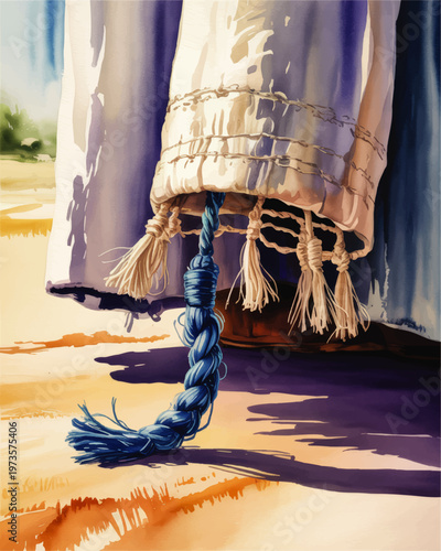Watercolor tallit corner with blue tzitzit tassel, Jewish prayer shawl detail in sunlight, religious symbolism illustration