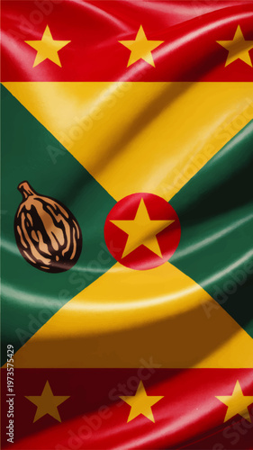 Realistic Grenada national flag waving in wind, nutmeg emblem and yellow stars, glossy red green gold Caribbean banner background