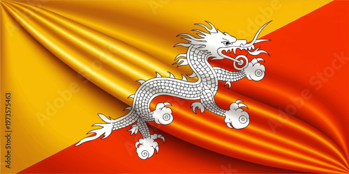 Bhutan flag with white dragon emblem on golden and red abstract waves, national symbol illustration, patriotic Asian background art