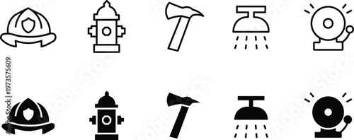 Firefighter equipment icon set, 10 firefighting vector elements. Fire safety symbols including helmet, hydrant, axe, sprinkler, and alarm bell.