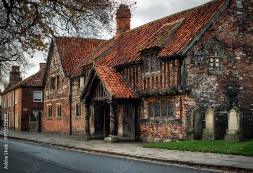 Historic Timber Framed Building with Red Tiled Roof and Stone Facade.