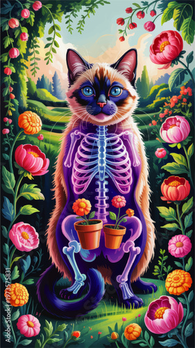 Surreal floral anatomy cat illustration with glowing x ray skeleton and potted flowers in vibrant fantasy garden landscape