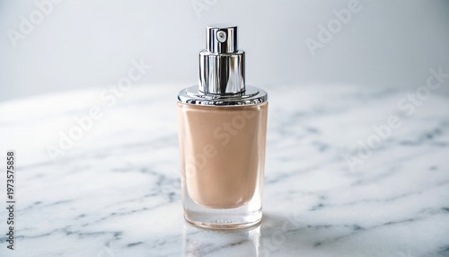 Cosmetic foundation bottle with pump dispenser on marble surface