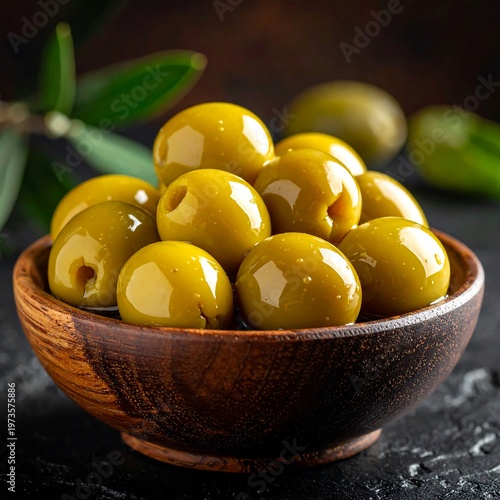 A close-up view shows a wooden bowl overflowing with large, green, pitted olives. Olive branches provide a delicate background