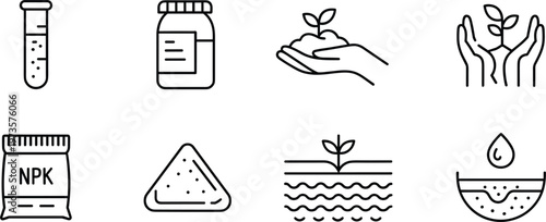 Set of agriculture and soil science icons including fertilizer test tube plant growth and soil moisture in minimalist outline style