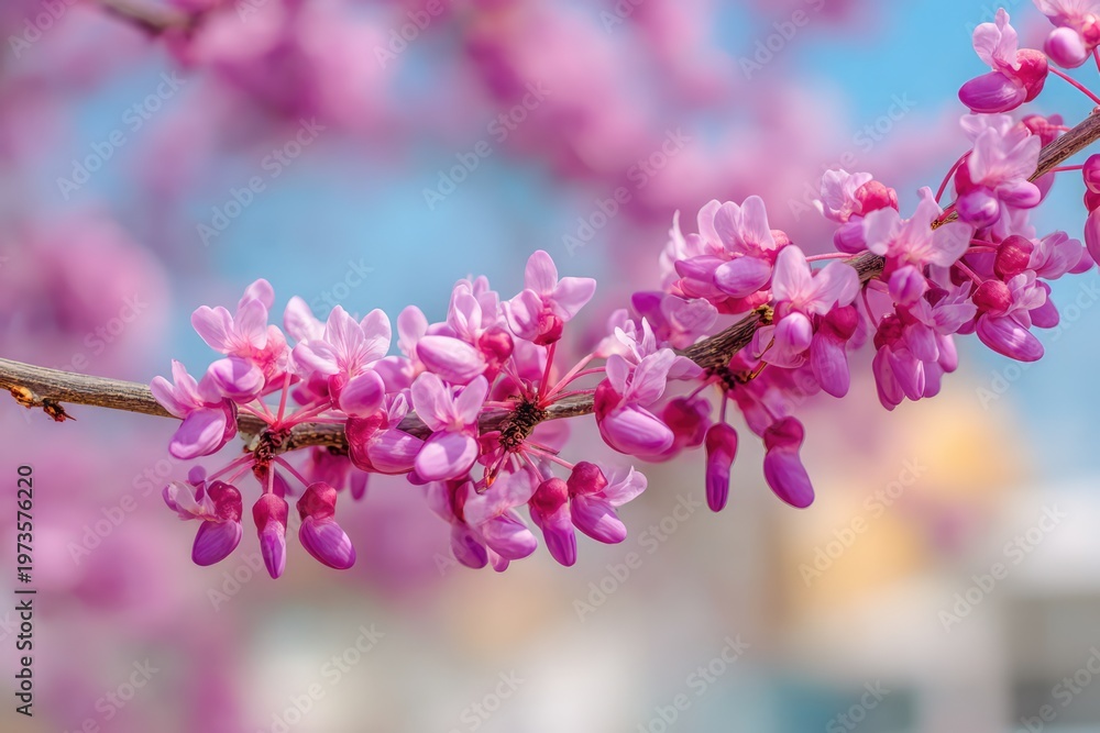 Fototapeta premium Beautiful Pink Eastern Redbud Tree Blossoms in Spring Sunlight.