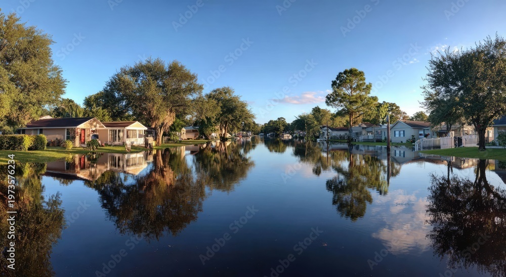 Obraz premium Flooded Suburban Street Reflecting Trees and Houses Under Clear Blue Sky.